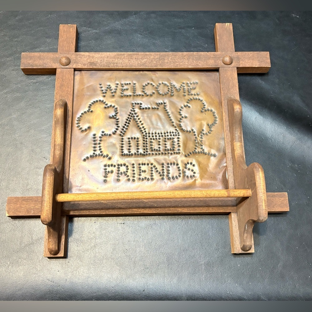 Handmade Welcome Friends Wood and Tin Kitchen Towel Holder - Brown